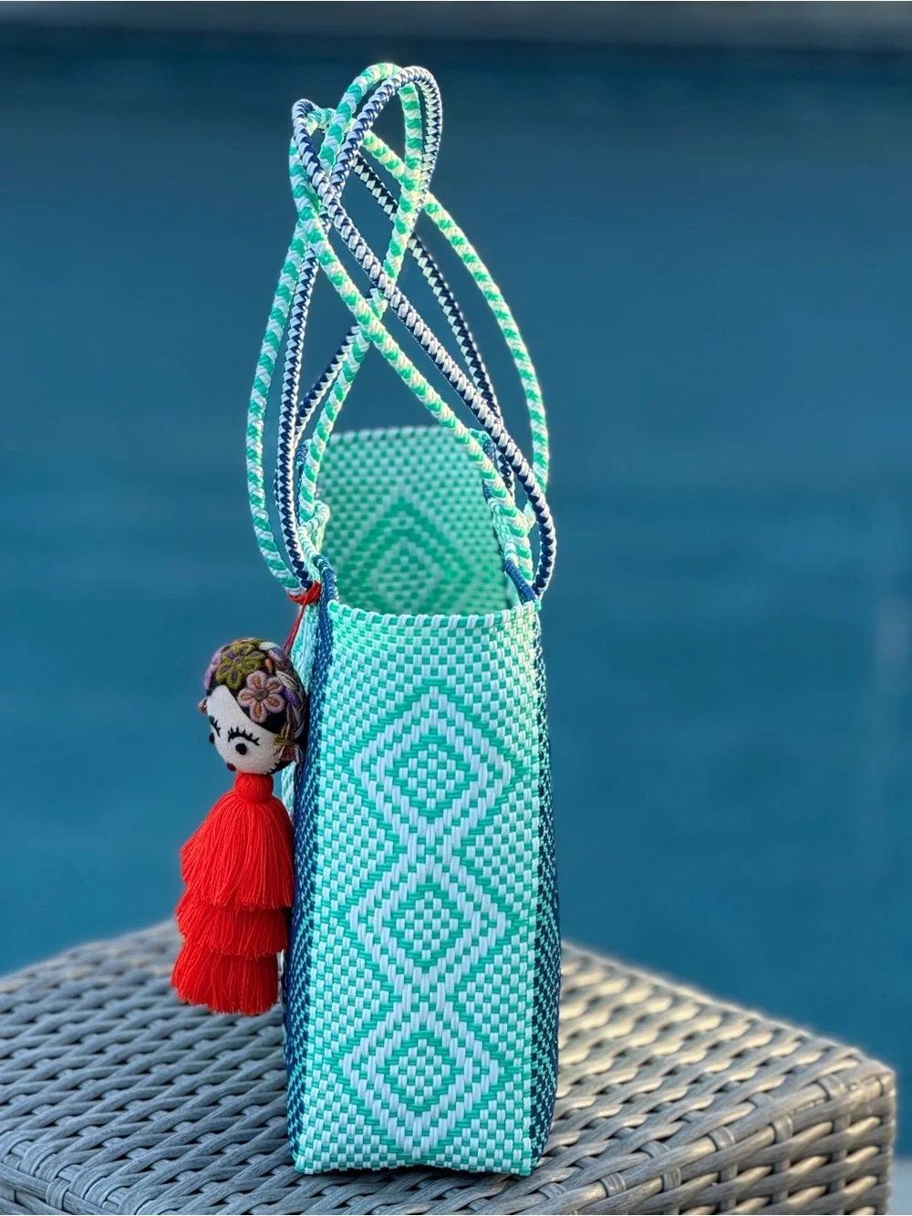 Handwoven Blue & Teal Diamond Tote Bag with Red Tassel Charm